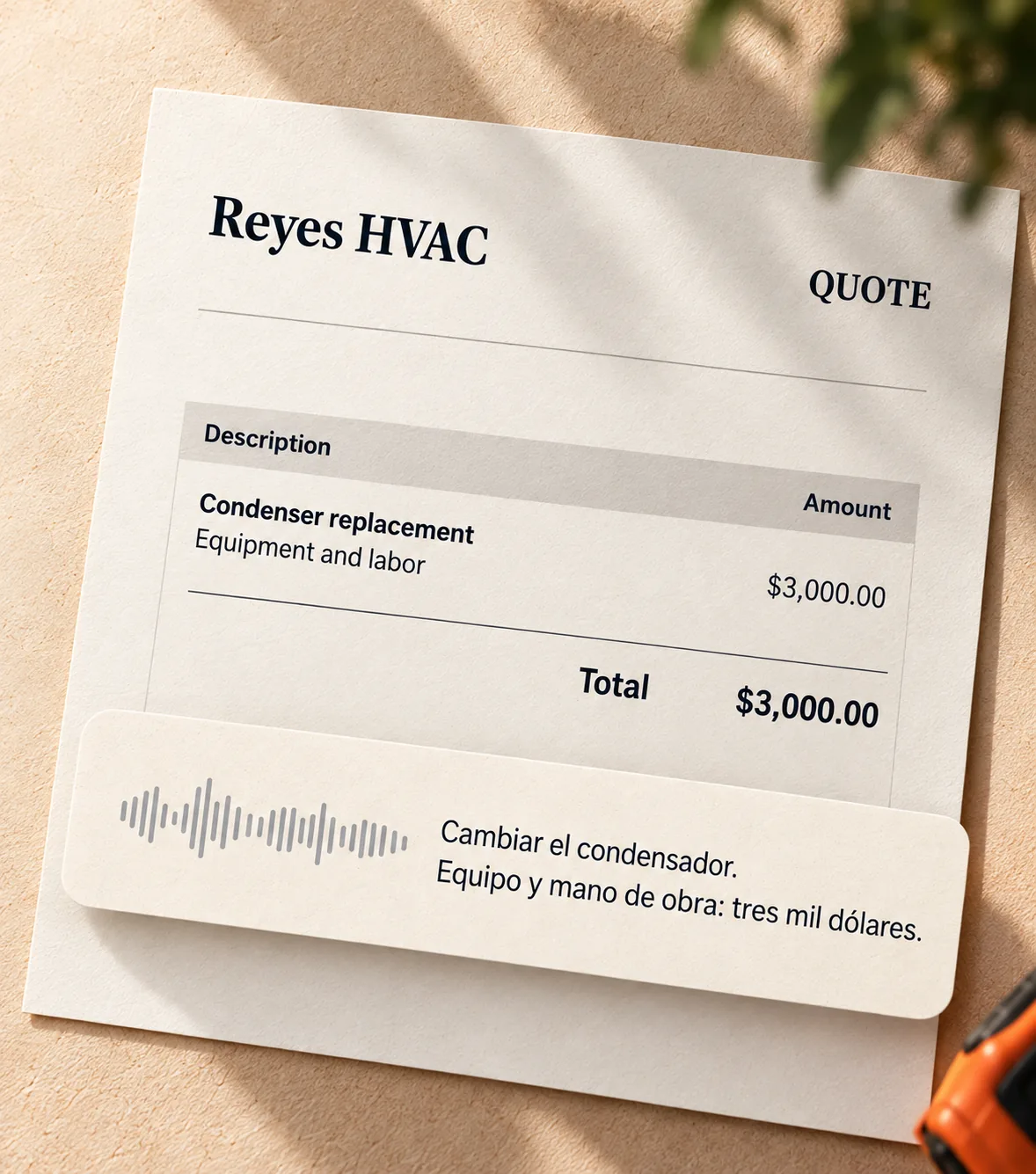 Ejemplo ilustrativo: un audio en español se convierte en una cotización en inglés de Reyes HVAC por 3,000 dólares. El texto completo está debajo.